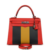 Hermes Kellygraphie Kelly Sellier 28 "Lettre M" Capucine, Bleu Obscur, Jaune Ambre Epsom, Sombrero, Chevre Mysore Palladium Hardware - Thumbnail View 1