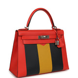 Hermes Kellygraphie Kelly Sellier 28 "Lettre M" Capucine, Bleu Obscur, Jaune Ambre Epsom, Sombrero, Chevre Mysore Palladium Hardware - Thumbnail View 2