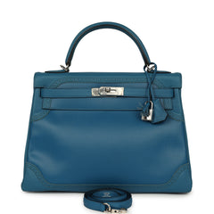 Pre-owned Hermes Ghillies Kelly Retourne 32 Bleu De Galice Swift, Grain D'H Palladium Hardware