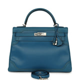 Pre-owned Hermes Ghillies Kelly Retourne 32 Bleu De Galice Swift, Grain D'H Palladium Hardware - Thumbnail View 1