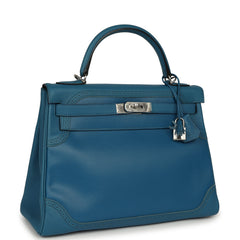 Pre-owned Hermes Ghillies Kelly Retourne 32 Bleu De Galice Swift, Grain D'H Palladium Hardware