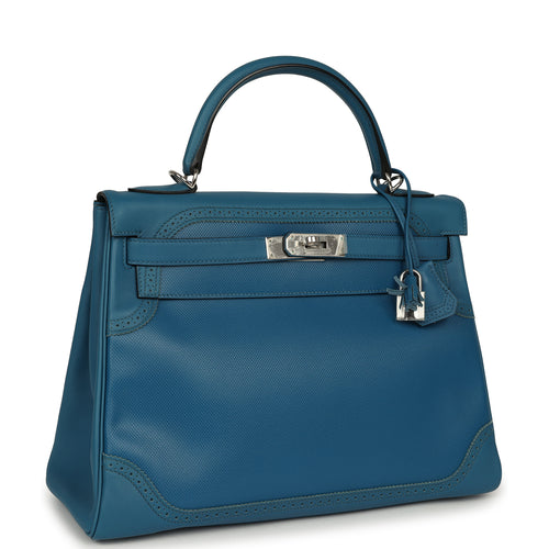 Pre-owned Hermes Ghillies Kelly Retourne 32 Bleu De Galice Swift, Grain D'H Palladium Hardware