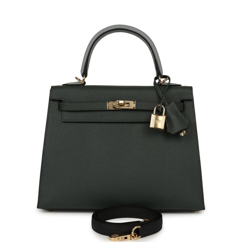 Hermes Kelly Sellier 25 Tri-Color Vert Mangrove, Gris Pantin, Black Epsom Permabrass Hardware