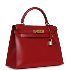 Vintage Hermes Kelly 28 Sellier Rouge Vif Tadelakt Gold Hardware
