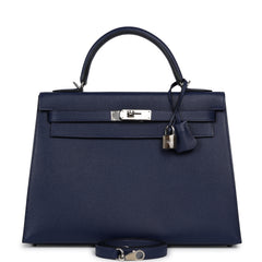 Pre-owned Hermes Kelly Sellier 32 Bleu Saphir Epsom Palladium Hardware