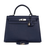 Pre-owned Hermes Kelly Sellier 32 Bleu Saphir Epsom Palladium Hardware - Thumbnail View 1