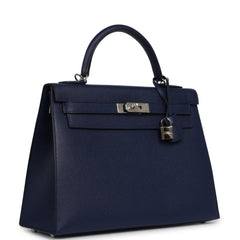 Pre-owned Hermes Kelly Sellier 32 Bleu Saphir Epsom Palladium Hardware