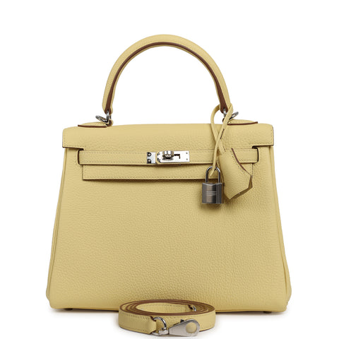 Hermes Kelly Retourne 25 Jaune Poussin Togo Palladium Hardware