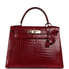 Vintage Hermes Kelly Sellier 28 Bordeaux Shiny Porous Crocodile Gold Hardware