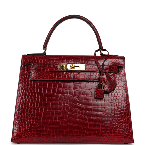Vintage Hermes Kelly Sellier 28 Bordeaux Shiny Porous Crocodile Gold Hardware
