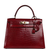 Vintage Hermes Kelly Sellier 28 Bordeaux Shiny Porous Crocodile Gold Hardware - Thumbnail View 1