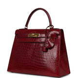 Vintage Hermes Kelly Sellier 28 Bordeaux Shiny Porous Crocodile Gold Hardware - Thumbnail View 5
