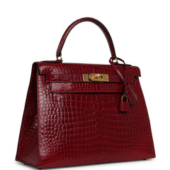 Vintage Hermes Kelly Sellier 28 Bordeaux Shiny Porous Crocodile Gold Hardware