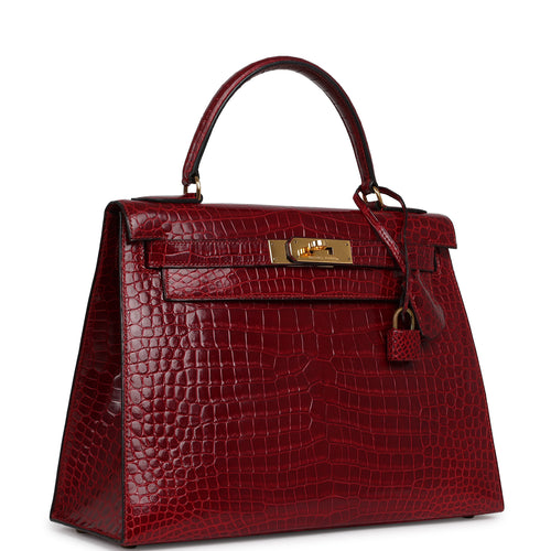 Vintage Hermes Kelly Sellier 28 Bordeaux Shiny Porous Crocodile Gold Hardware