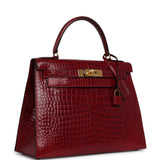 Vintage Hermes Kelly Sellier 28 Bordeaux Shiny Porous Crocodile Gold Hardware - Thumbnail View 2