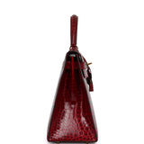 Vintage Hermes Kelly Sellier 28 Bordeaux Shiny Porous Crocodile Gold Hardware - Thumbnail View 3