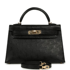 Hermes Kelly Sellier 20 Black Ostrich Permabrass Hardware