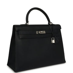Vintage Hermes Kelly Sellier 35 Bleu Indigo Fjord Palladium Hardware