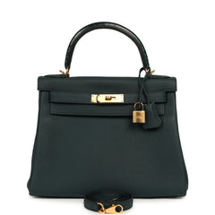 Pre-owned Hermes Kelly Retourne 28 Vert Cypress Togo, Matte Alligator Touch Gold Hardware