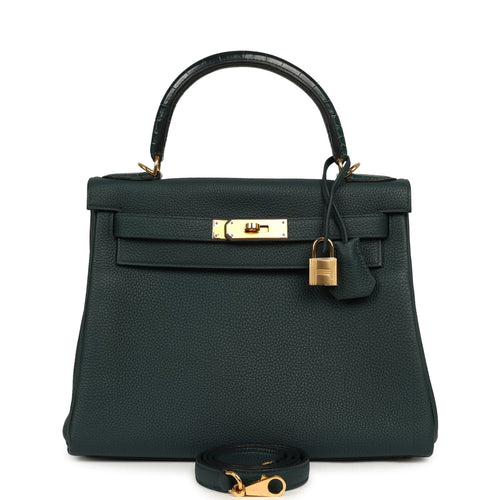 Pre-owned Hermes Kelly Retourne 28 Vert Cypress Togo, Matte Alligator Touch Gold Hardware