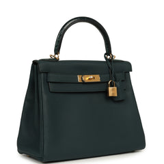 Pre-owned Hermes Kelly Retourne 28 Vert Cypress Togo, Matte Alligator Touch Gold Hardware