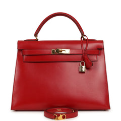 Vintage Hermes Kelly Sellier 32 Rouge Vif Box Gold Hardware