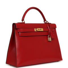 Vintage Hermes Kelly Sellier 32 Rouge Vif Box Gold Hardware