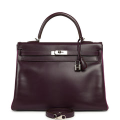 Pre-owned Hermes Kelly Retourne 35 Raisin Verso Box Palladium Hardware