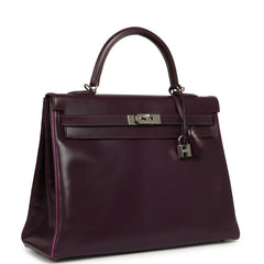 Pre-owned Hermes Kelly Retourne 35 Raisin Verso Box Palladium Hardware