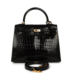 Pre-owned Hermes Kelly Sellier 25 Black Shiny Alligator Gold Hardware