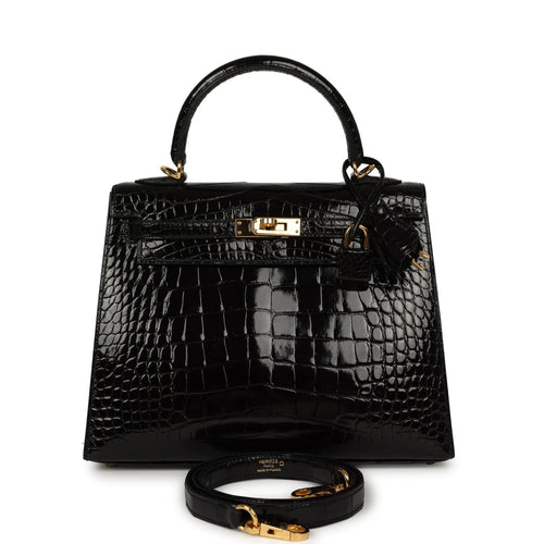 Pre-owned Hermes Kelly Sellier 25 Black Shiny Alligator Gold Hardware
