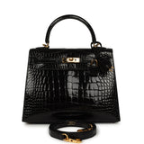 Pre-owned Hermes Kelly Sellier 25 Black Shiny Alligator Gold Hardware - Thumbnail View 1