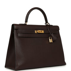 Vintage Hermes Kelly Sellier 35 Chocolat Fjord Gold Hardware
