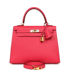 Pre-owned Hermes Kelly Sellier 25 Rose Extreme Epsom Gold Hardware
