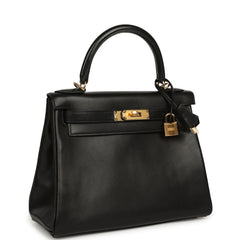 Pre-owned Hermes Kelly Retourne 28 Black Evercalf Gold Hardware