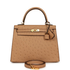 Hermes Kelly Sellier 25 Chai Ostrich Gold Hardware