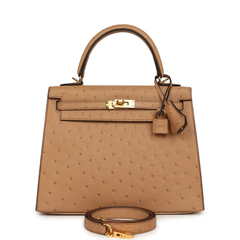 Hermes Kelly Sellier 25 Chai Ostrich Gold Hardware
