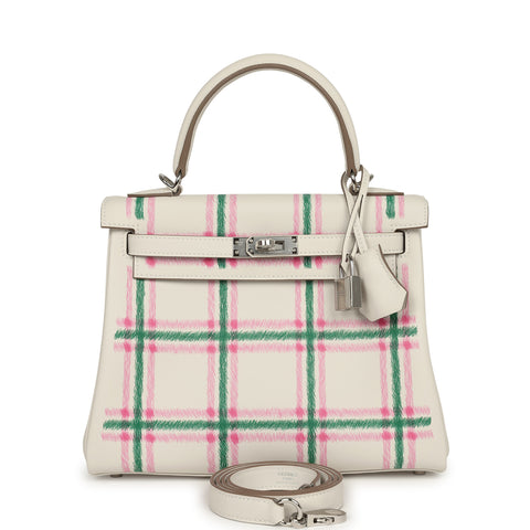 Hermes Kelly Retourne 25 "Tartan Light" Gris Pale, Vert Moyen, Bubblegum Swift Palladium Hardware