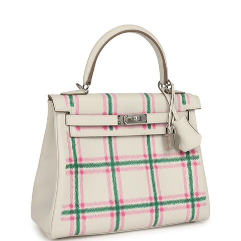 Hermes Kelly Retourne 25 "Tartan Light" Gris Pale, Vert Moyen, Bubblegum Swift Palladium Hardware