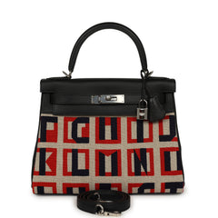 Pre-owned Hermes "Lettres Au Carre" Kelly Retourne 28 Black Swift and Ecru, Capucine, Bleu Indigo Toile De Camp Palladium Hardware