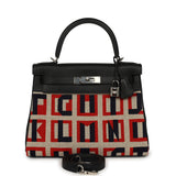 Pre-owned Hermes "Lettres Au Carre" Kelly Retourne 28 Black Swift and Ecru, Capucine, Bleu Indigo Toile De Camp Palladium Hardware - Thumbnail View 1