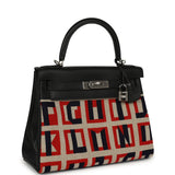 Pre-owned Hermes "Lettres Au Carre" Kelly Retourne 28 Black Swift and Ecru, Capucine, Bleu Indigo Toile De Camp Palladium Hardware - Thumbnail View 2