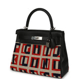 Pre-owned Hermes "Lettres Au Carre" Kelly Retourne 28 Black Swift and Ecru, Capucine, Bleu Indigo Toile De Camp Palladium Hardware - Thumbnail View 5