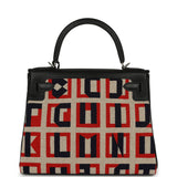 Pre-owned Hermes "Lettres Au Carre" Kelly Retourne 28 Black Swift and Ecru, Capucine, Bleu Indigo Toile De Camp Palladium Hardware - Thumbnail View 4