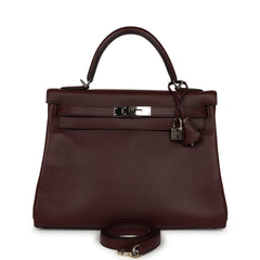 Pre-owned Hermes Kelly Retourne 32 Rouge H Evergrain Palladium Hardware