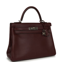 Pre-owned Hermes Kelly Retourne 32 Rouge H Evergrain Palladium Hardware