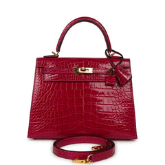 Pre-owned Hermes Kelly Sellier 25 Rose Pourpre Shiny Alligator Gold Hardware