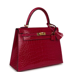 Pre-owned Hermes Kelly Sellier 25 Rose Pourpre Shiny Alligator Gold Hardware