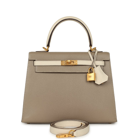 Hermes Special Order (HSS) Kelly Sellier 25 Gris Tourterelle, Nata Chevre Mysore Brushed Gold Hardware