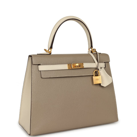 Hermes Special Order (HSS) Kelly Sellier 25 Gris Tourterelle, Nata Chevre Mysore Brushed Gold Hardware